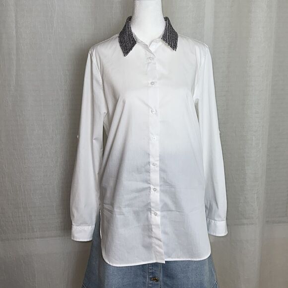 CK S Crisp White Porcelain Gray Sequined Collar Button Down High Low Shirt - Picture 1 of 12